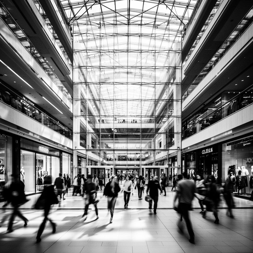 Black-and-white architectural city scene showing movement and social energy